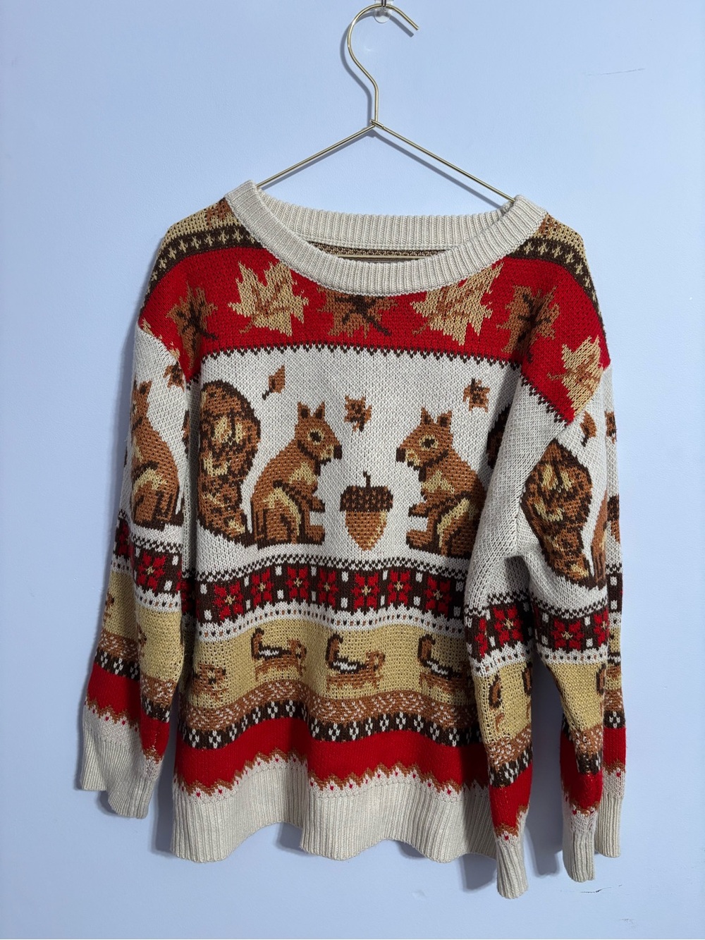 SHEIN Cozy Autumn Squirrel Fair Isle Knit Sweater - Cream & Red